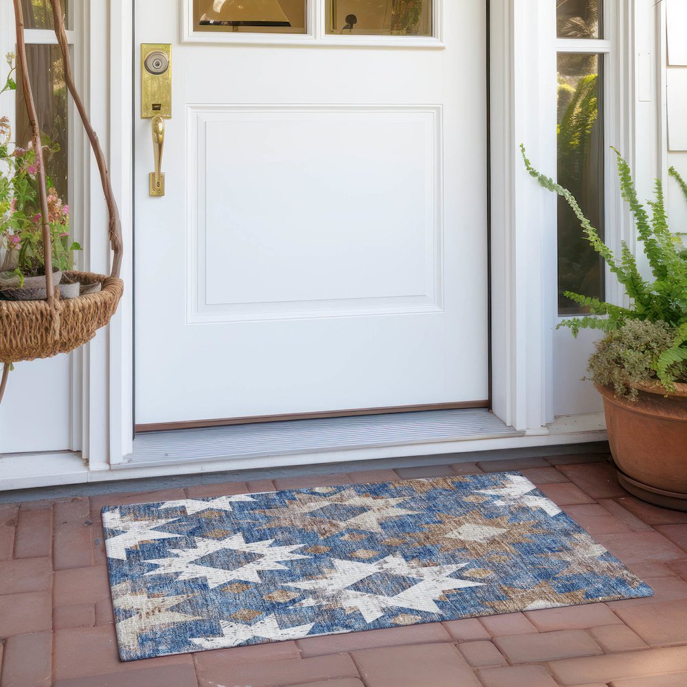 Machine Washable Indoor/Outdoor Chantille Blue 1'8" x 2'6" Rug. Picture 6