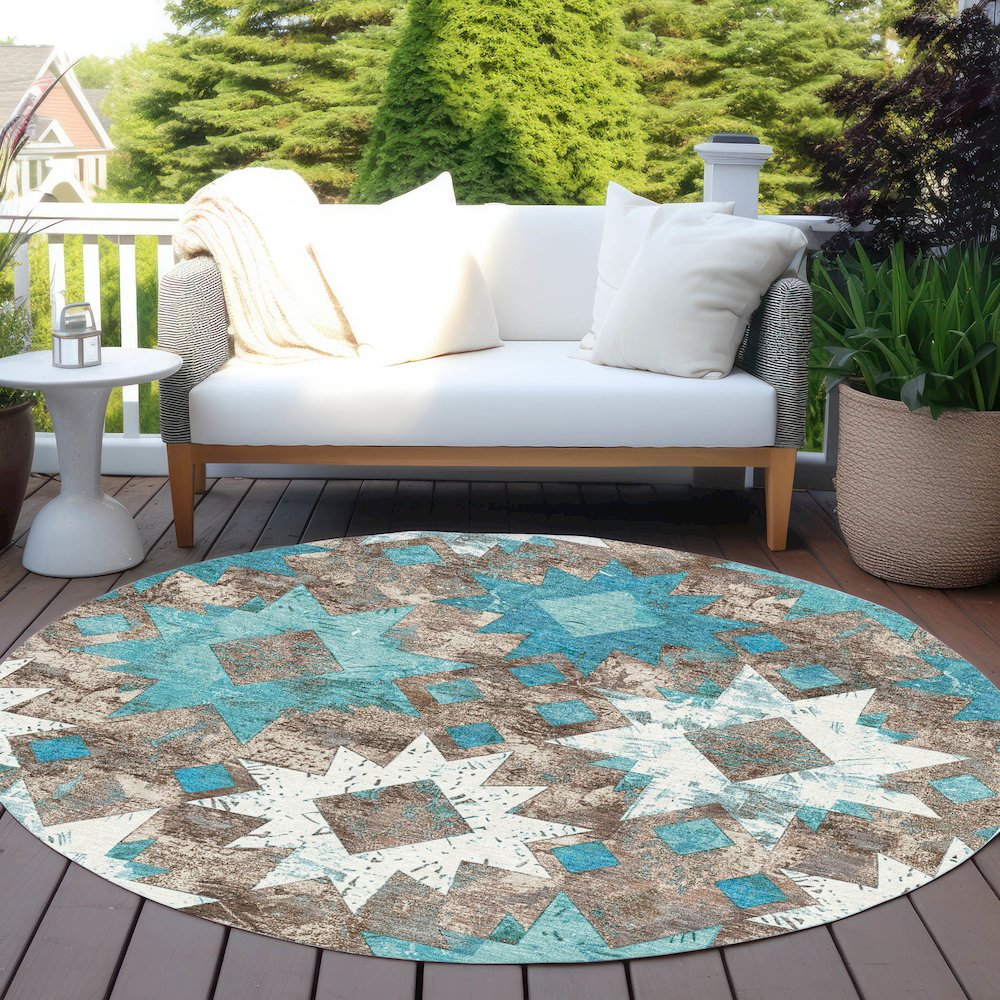 Machine Washable Indoor/Outdoor Chantille Teal 8' x 8' Round Rug. Picture 6