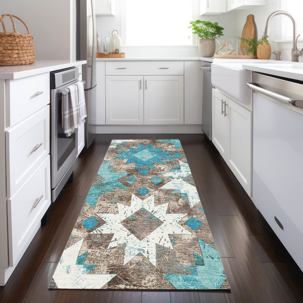 Machine Washable Indoor/Outdoor Chantille Teal 2'3" x 7'6" Runner Rug. Picture 5
