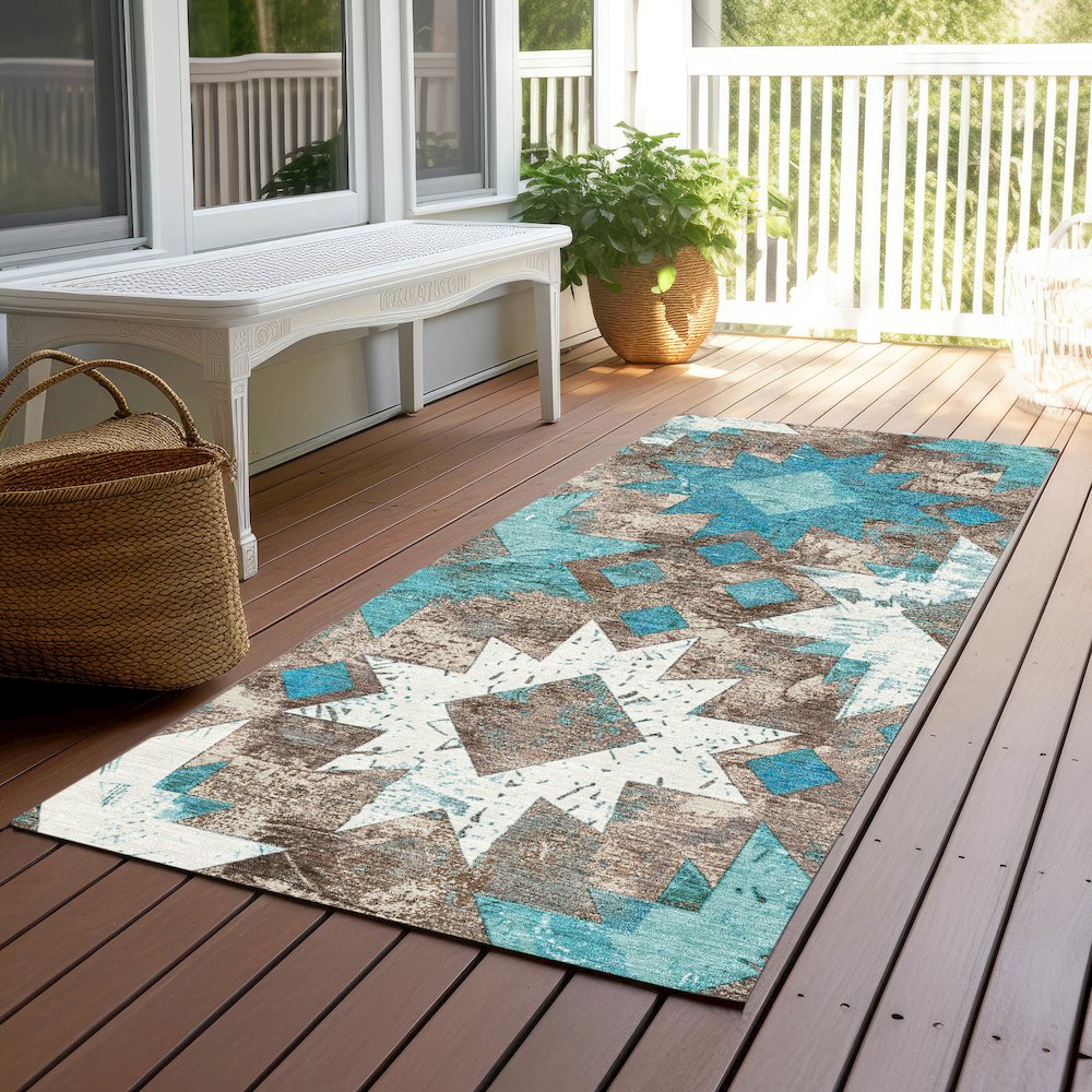 Machine Washable Indoor/Outdoor Chantille Teal 2'3" x 7'6" Runner Rug. Picture 6