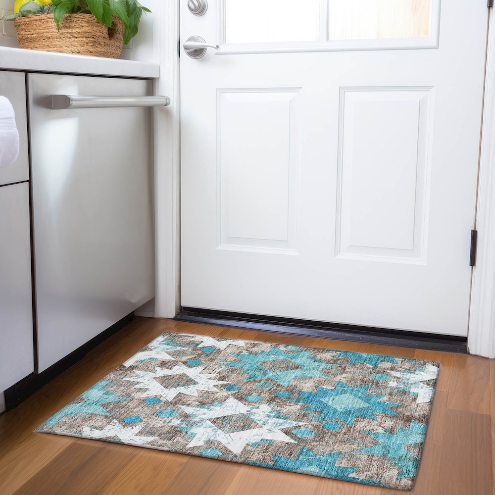 Machine Washable Indoor/Outdoor Chantille Teal 1'8" x 2'6" Rug. Picture 5