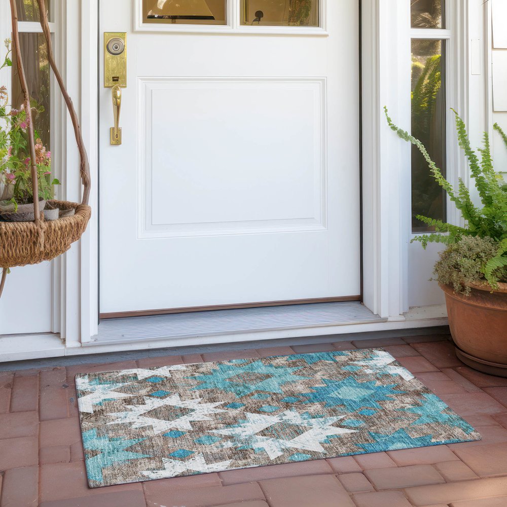 Machine Washable Indoor/Outdoor Chantille Teal 1'8" x 2'6" Rug. Picture 6