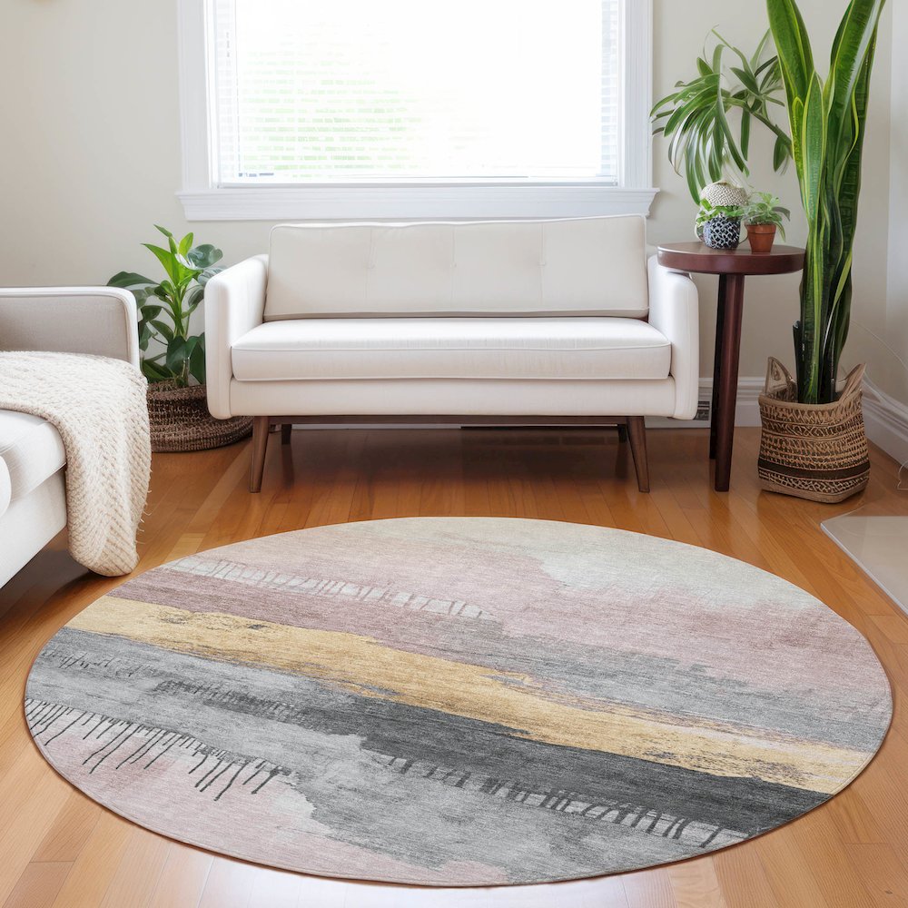 Machine Washable Indoor/Outdoor Chantille Blush 8' x 8' Round Rug. Picture 5