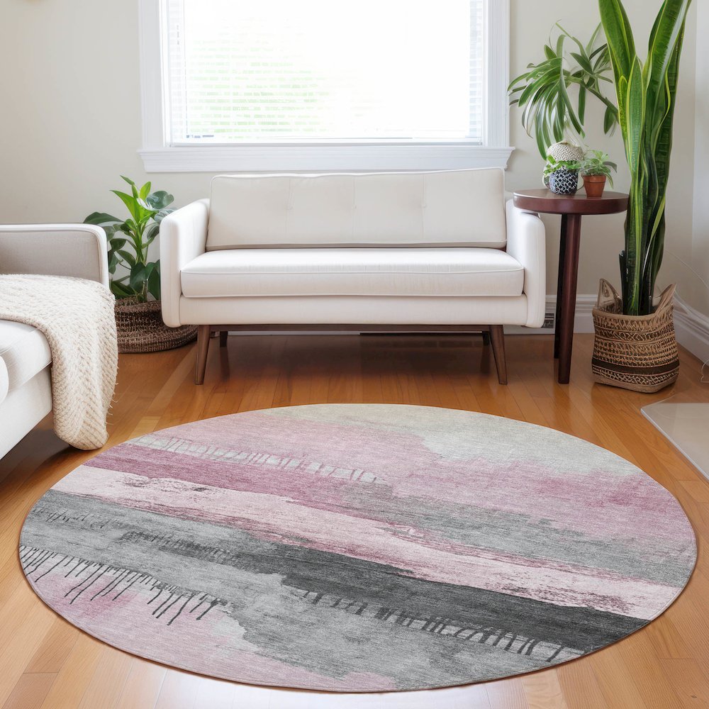 Machine Washable Indoor/Outdoor Chantille Pink 8' x 8' Round Rug. Picture 5