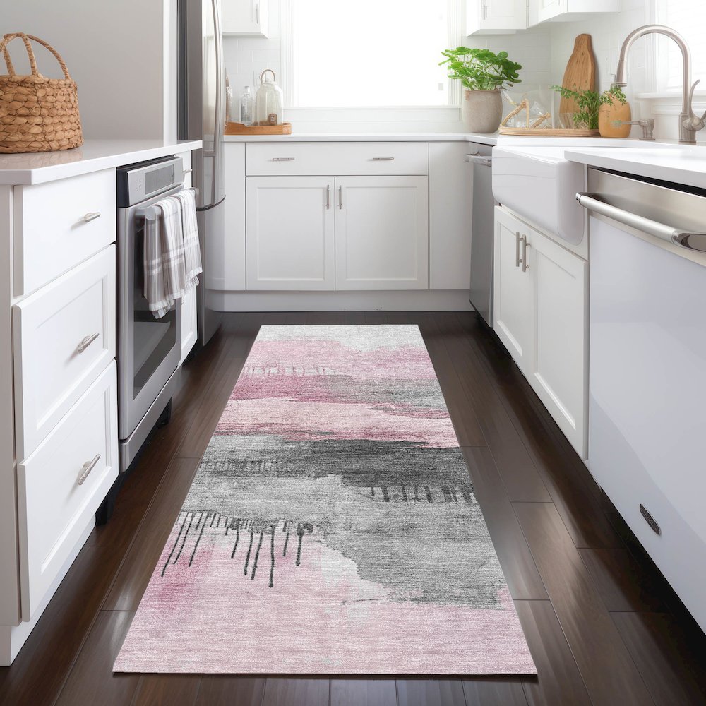 Machine Washable Indoor/Outdoor Chantille Pink 2'3" x 7'6" Runner Rug. Picture 5