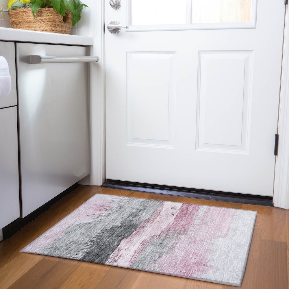 Machine Washable Indoor/Outdoor Chantille Pink 1'8" x 2'6" Rug. Picture 5