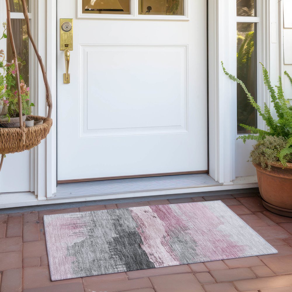 Machine Washable Indoor/Outdoor Chantille Pink 1'8" x 2'6" Rug. Picture 6