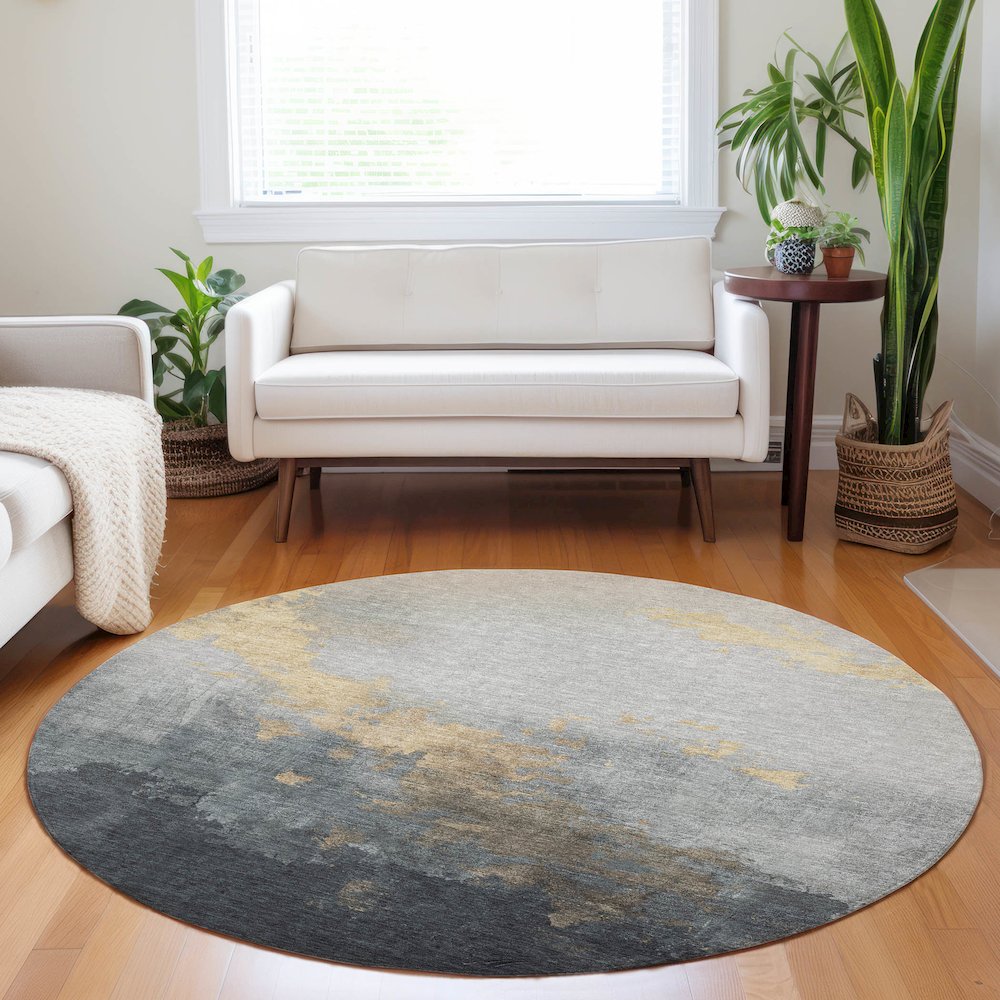 Machine Washable Indoor/Outdoor Chantille Gold 8' x 8' Round Rug. Picture 5