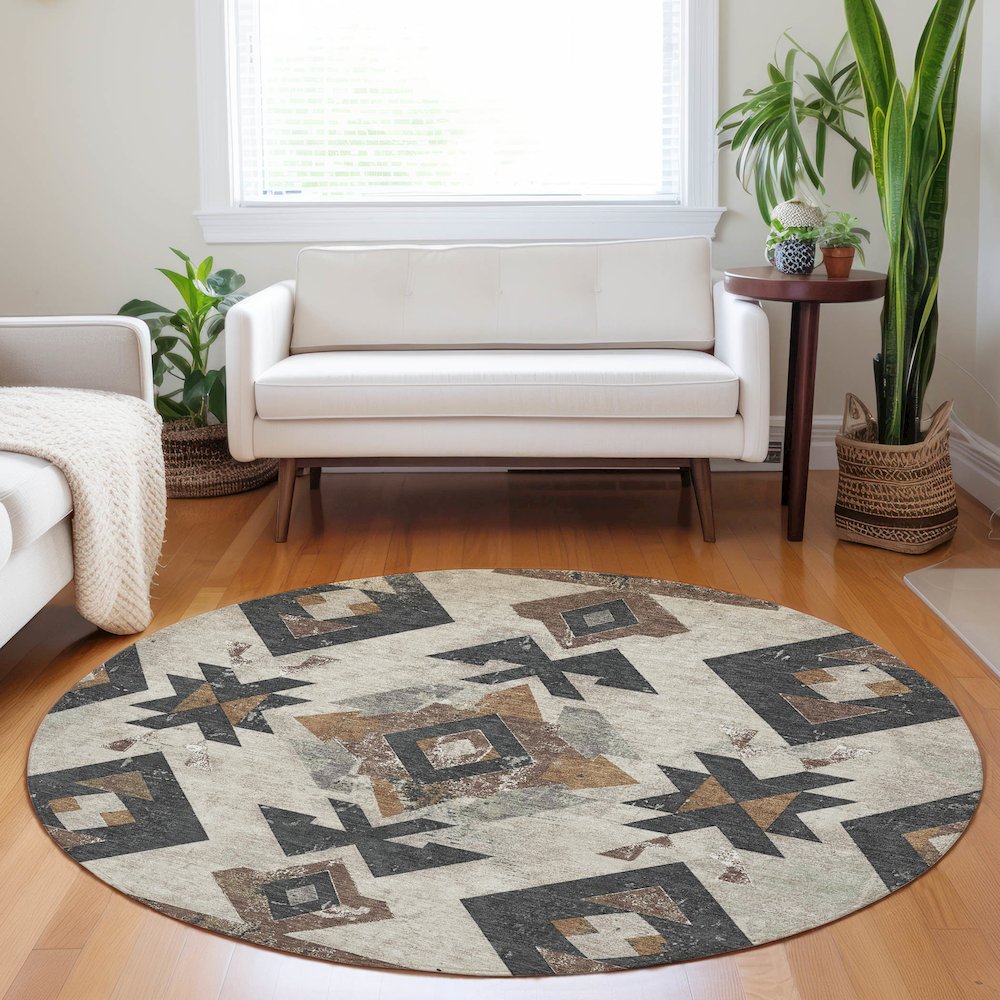 Machine Washable Indoor/Outdoor Chantille Beige 8' x 8' Round Rug. Picture 5