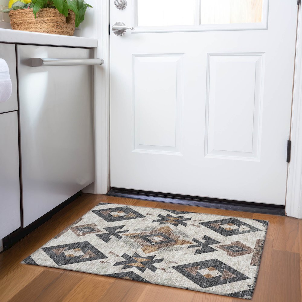 Machine Washable Indoor/Outdoor Chantille Beige 1'8" x 2'6" Rug. Picture 5
