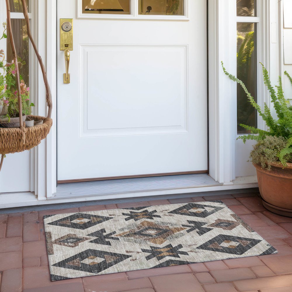 Machine Washable Indoor/Outdoor Chantille Beige 1'8" x 2'6" Rug. Picture 6