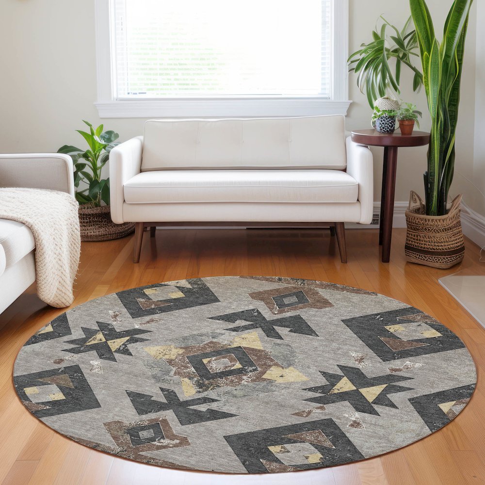 Machine Washable Indoor/Outdoor Chantille Taupe 8' x 8' Round Rug. Picture 5