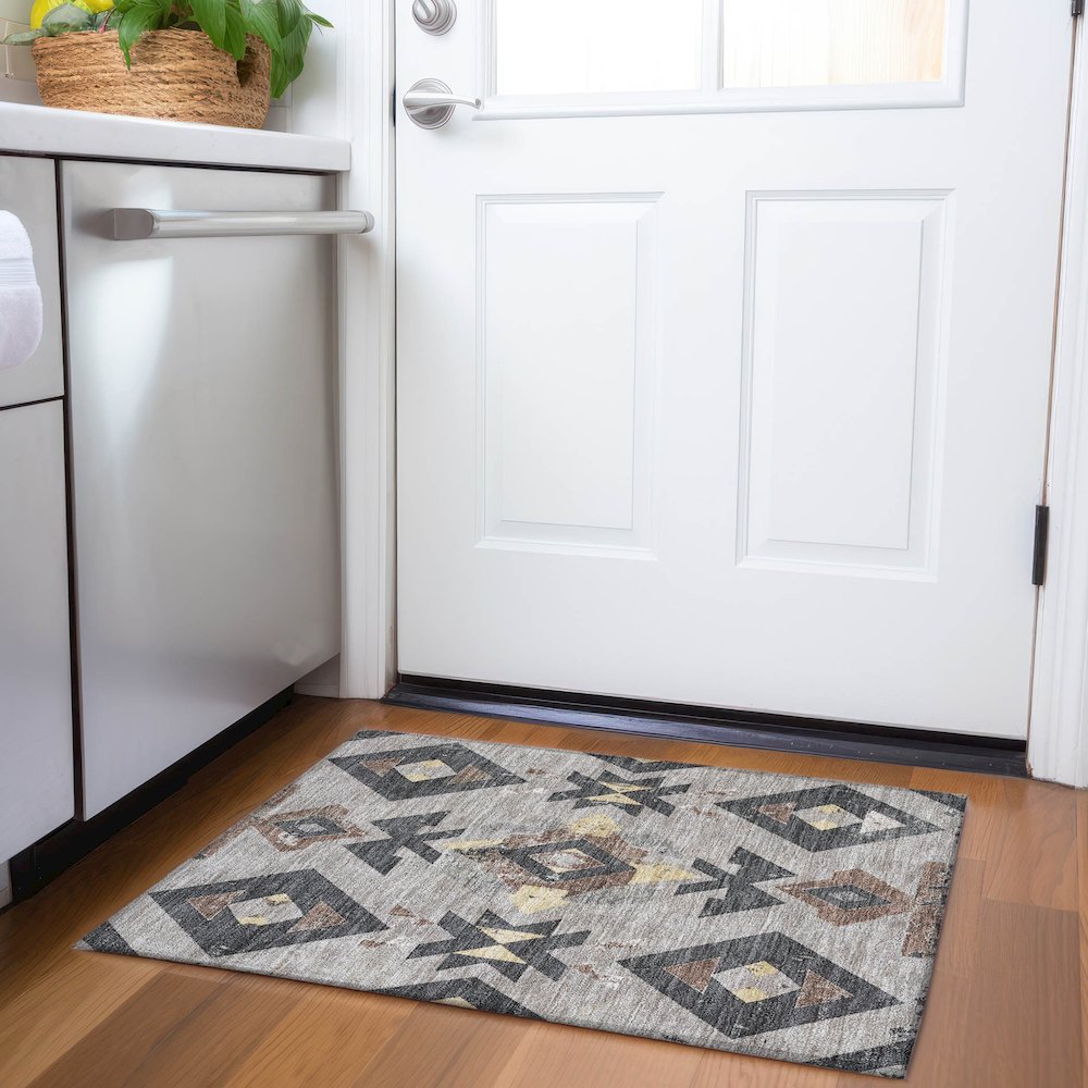 Machine Washable Indoor/Outdoor Chantille Taupe 1'8" x 2'6" Rug. Picture 5