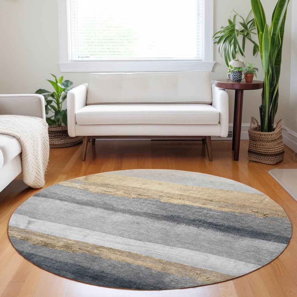 Machine Washable Indoor/Outdoor Chantille Gold 8' x 8' Round Rug. Picture 5