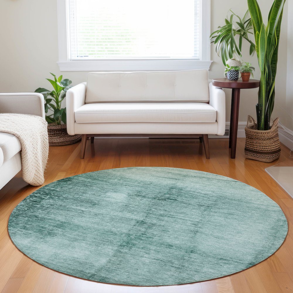 Machine Washable Indoor/Outdoor Chantille Teal 8' x 8' Round Rug. Picture 5