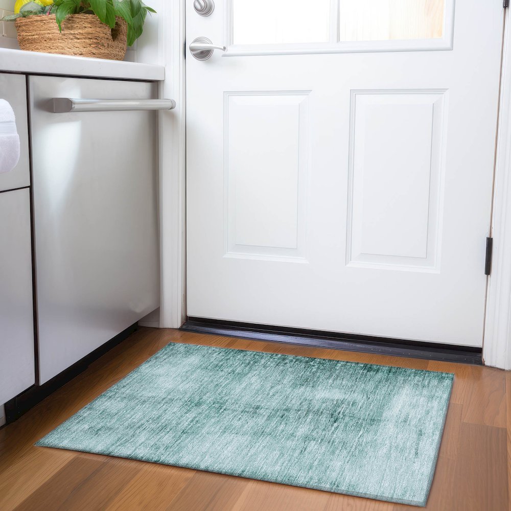 Machine Washable Indoor/Outdoor Chantille Teal 1'8" x 2'6" Rug. Picture 5