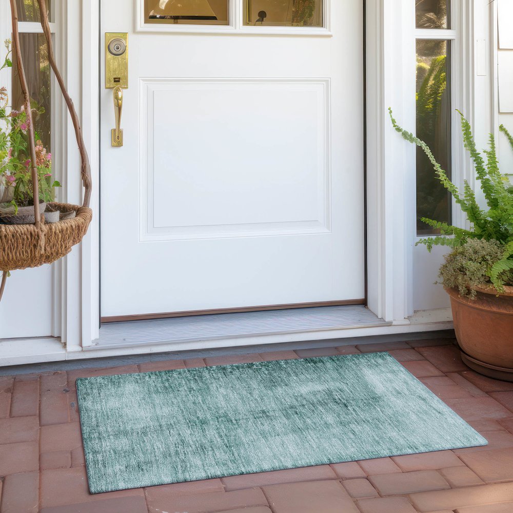 Machine Washable Indoor/Outdoor Chantille Teal 1'8" x 2'6" Rug. Picture 6