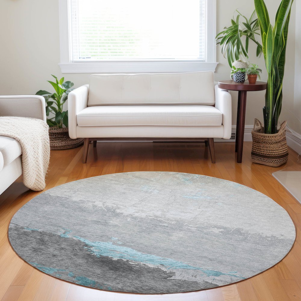 Machine Washable Indoor/Outdoor Chantille Teal 8' x 8' Round Rug. Picture 5
