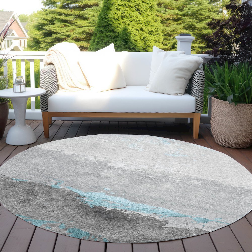 Machine Washable Indoor/Outdoor Chantille Teal 8' x 8' Round Rug. Picture 6