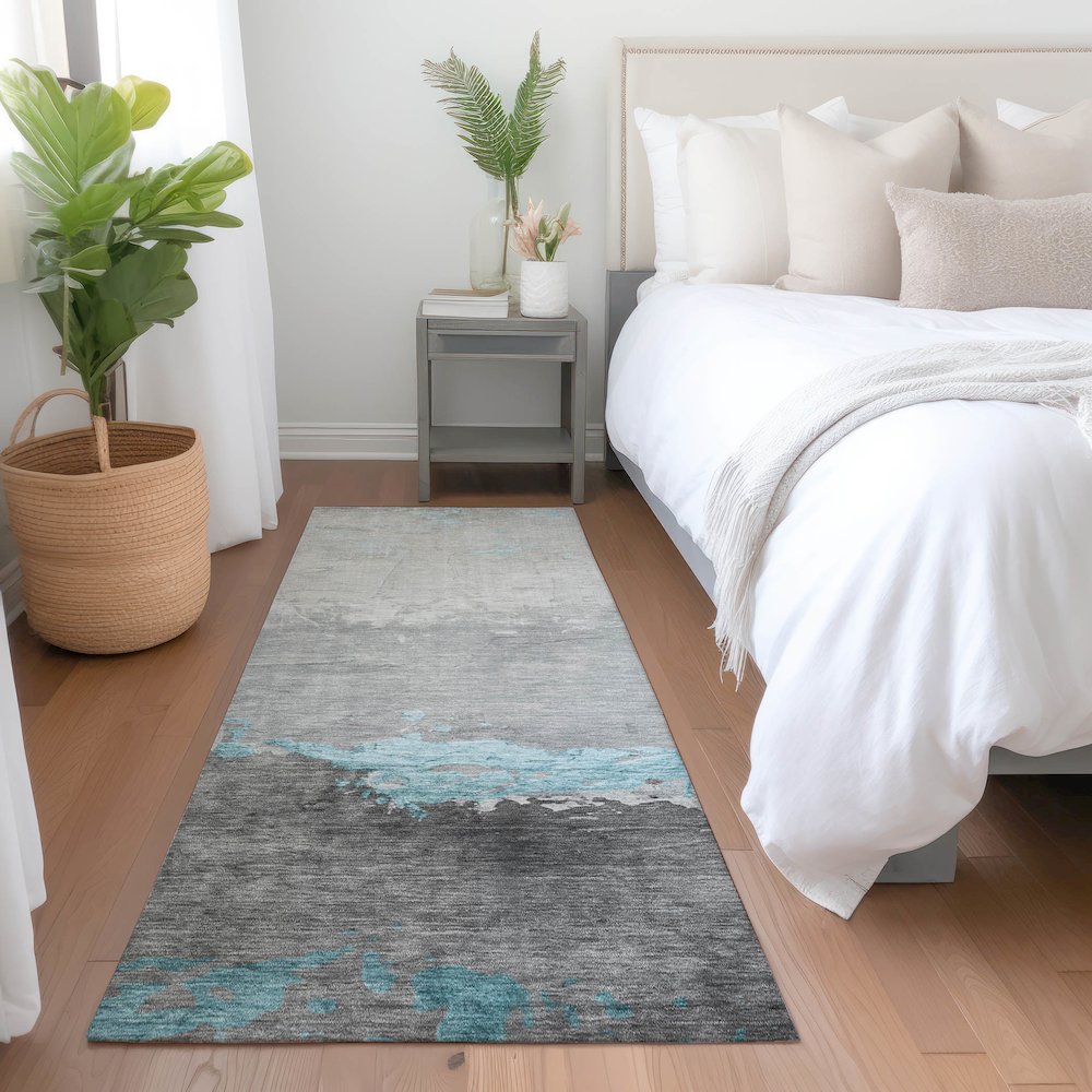 Machine Washable Indoor/Outdoor Chantille Teal 2'3" x 7'6" Runner Rug. Picture 5