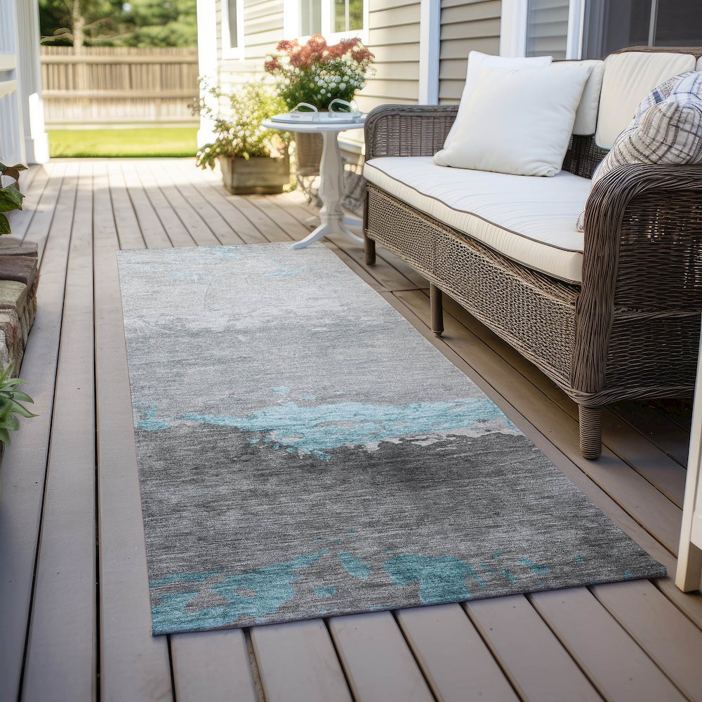 Machine Washable Indoor/Outdoor Chantille Teal 2'3" x 7'6" Runner Rug. Picture 6