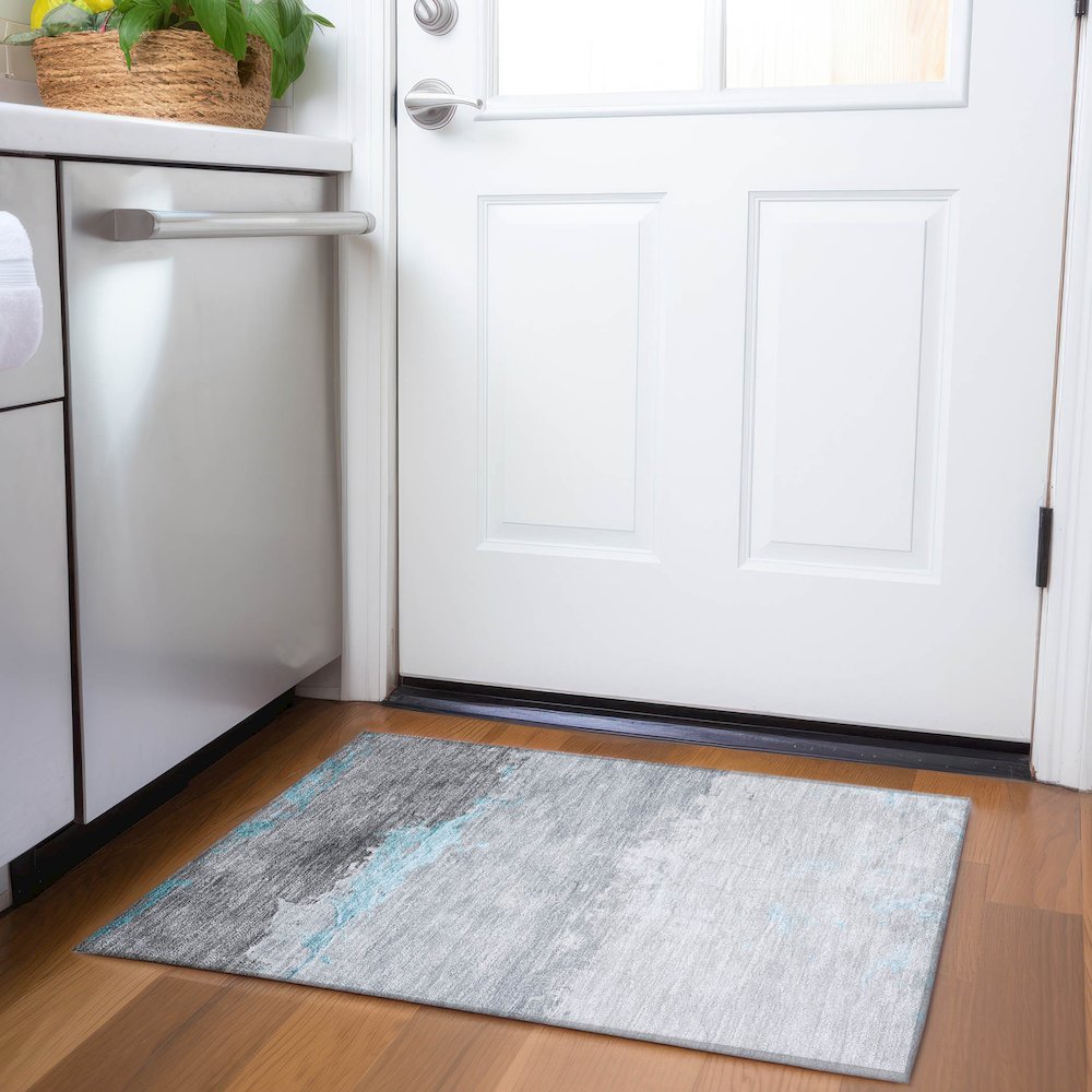 Machine Washable Indoor/Outdoor Chantille Teal 1'8" x 2'6" Rug. Picture 5