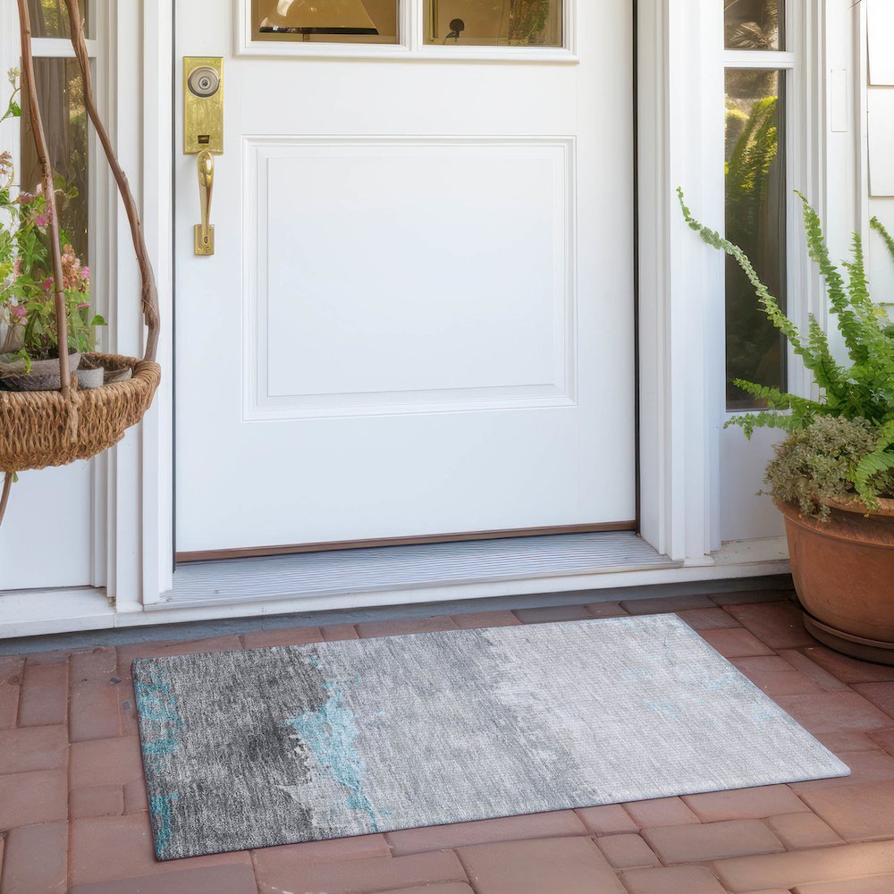 Machine Washable Indoor/Outdoor Chantille Teal 1'8" x 2'6" Rug. Picture 6