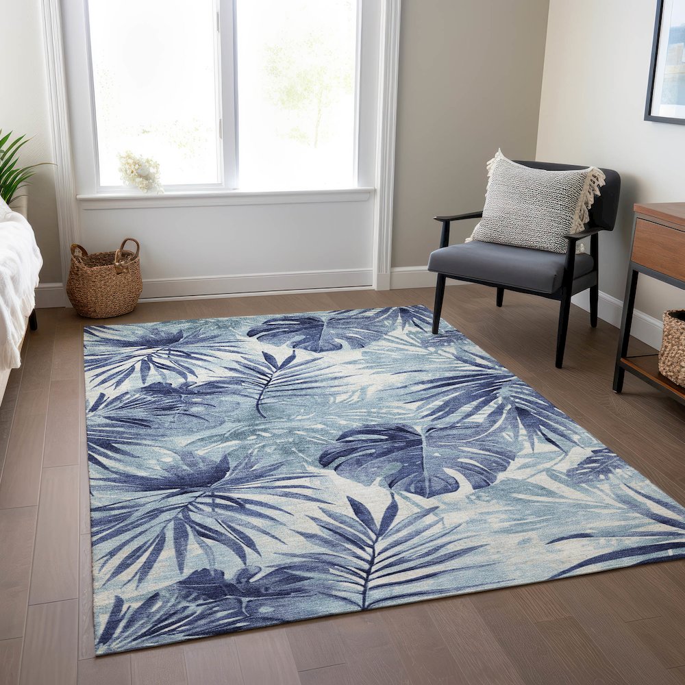 Machine Washable Indoor/Outdoor Chantille Blue 2'6" x 3'10" Rug. Picture 6