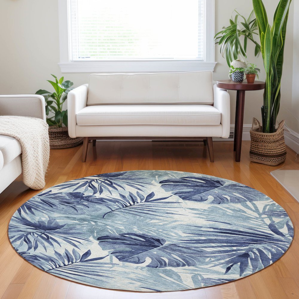Machine Washable Indoor/Outdoor Chantille Blue 8' x 8' Round Rug. Picture 5