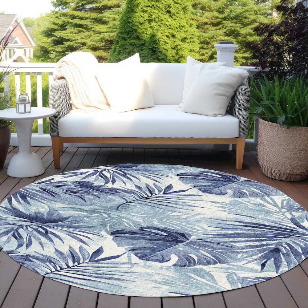 Machine Washable Indoor/Outdoor Chantille Blue 8' x 8' Round Rug. Picture 6