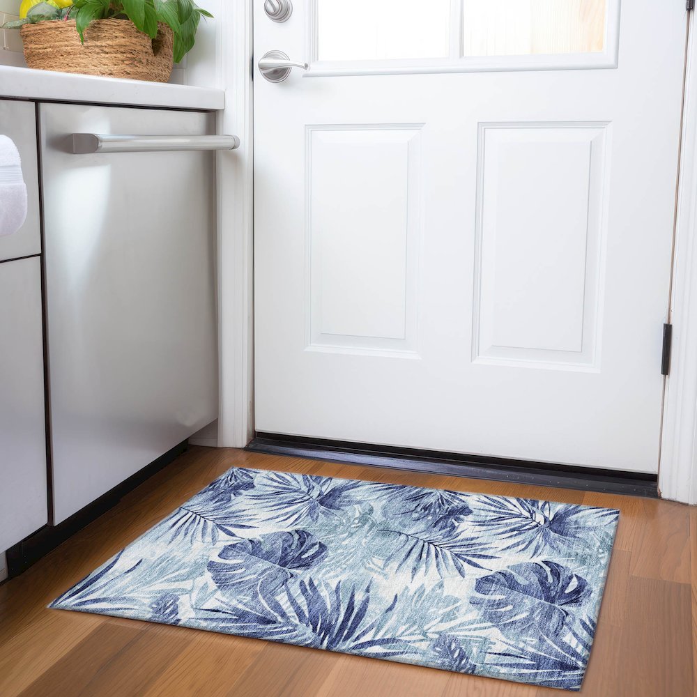 Machine Washable Indoor/Outdoor Chantille Blue 1'8" x 2'6" Rug. Picture 5