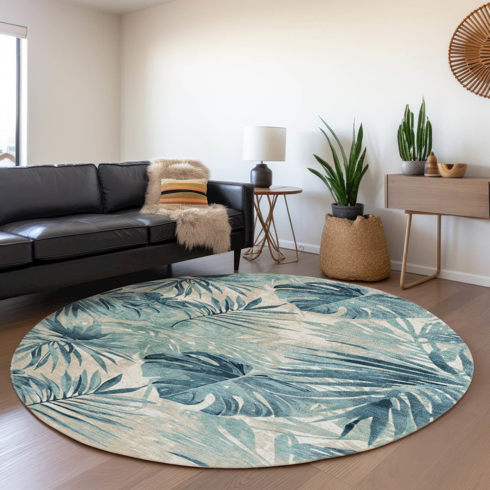 Machine Washable Indoor/Outdoor Chantille Teal 8' x 8' Round Rug. Picture 5