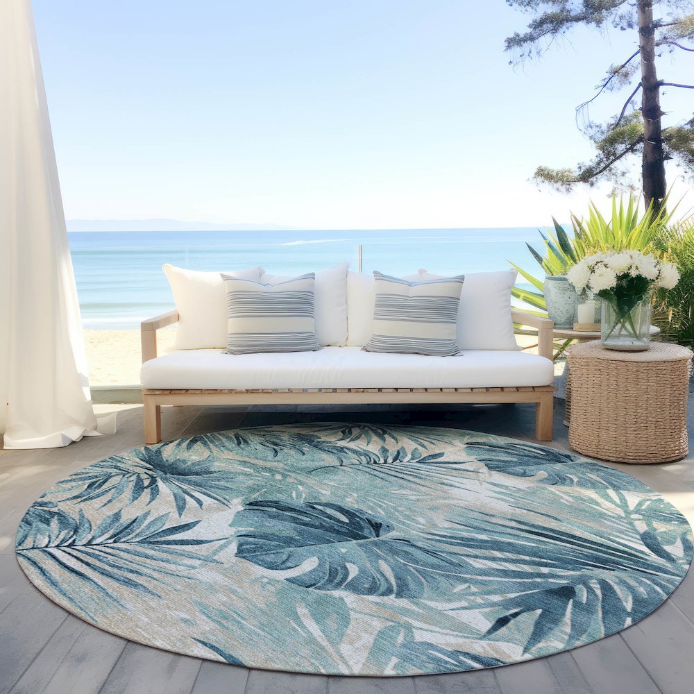 Machine Washable Indoor/Outdoor Chantille Teal 8' x 8' Round Rug. Picture 6