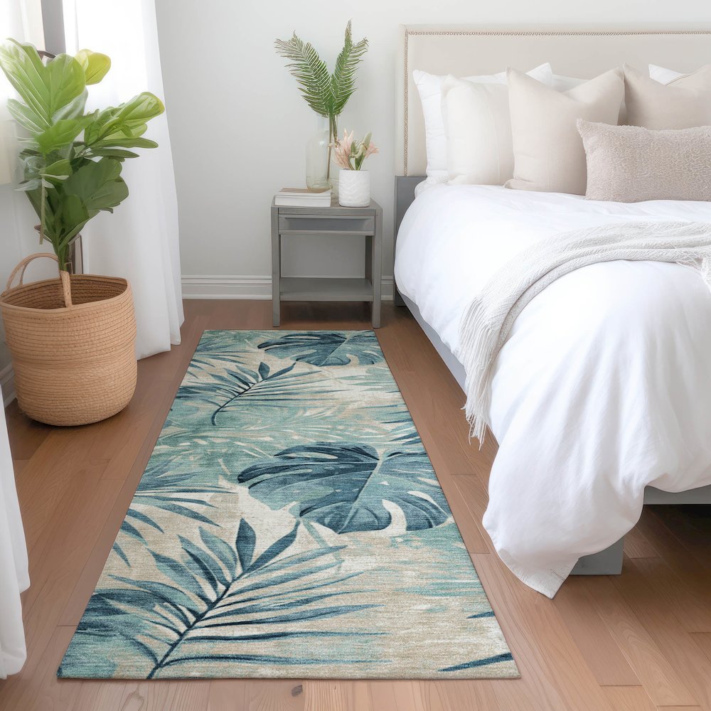 Machine Washable Indoor/Outdoor Chantille Teal 2'3" x 7'6" Runner Rug. Picture 5