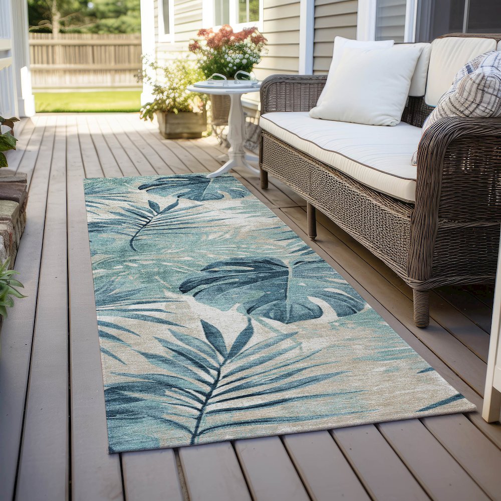 Machine Washable Indoor/Outdoor Chantille Teal 2'3" x 7'6" Runner Rug. Picture 6