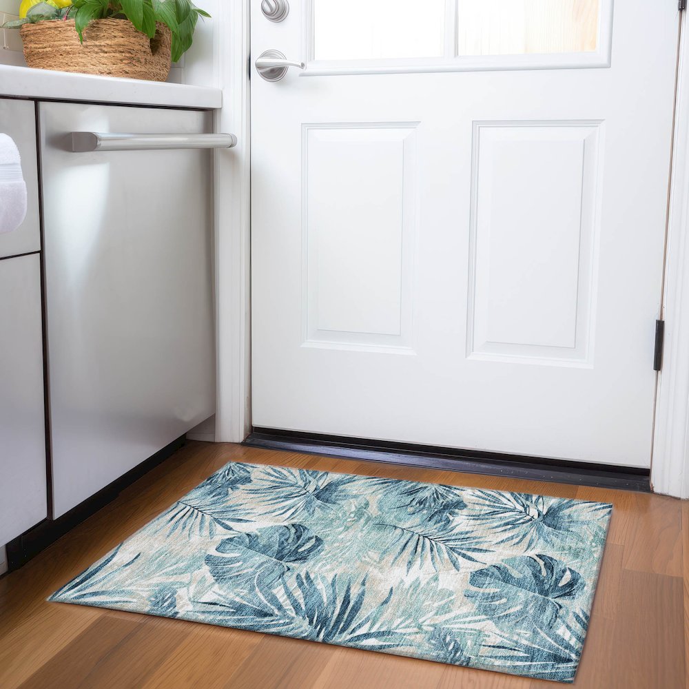 Machine Washable Indoor/Outdoor Chantille Teal 1'8" x 2'6" Rug. Picture 5
