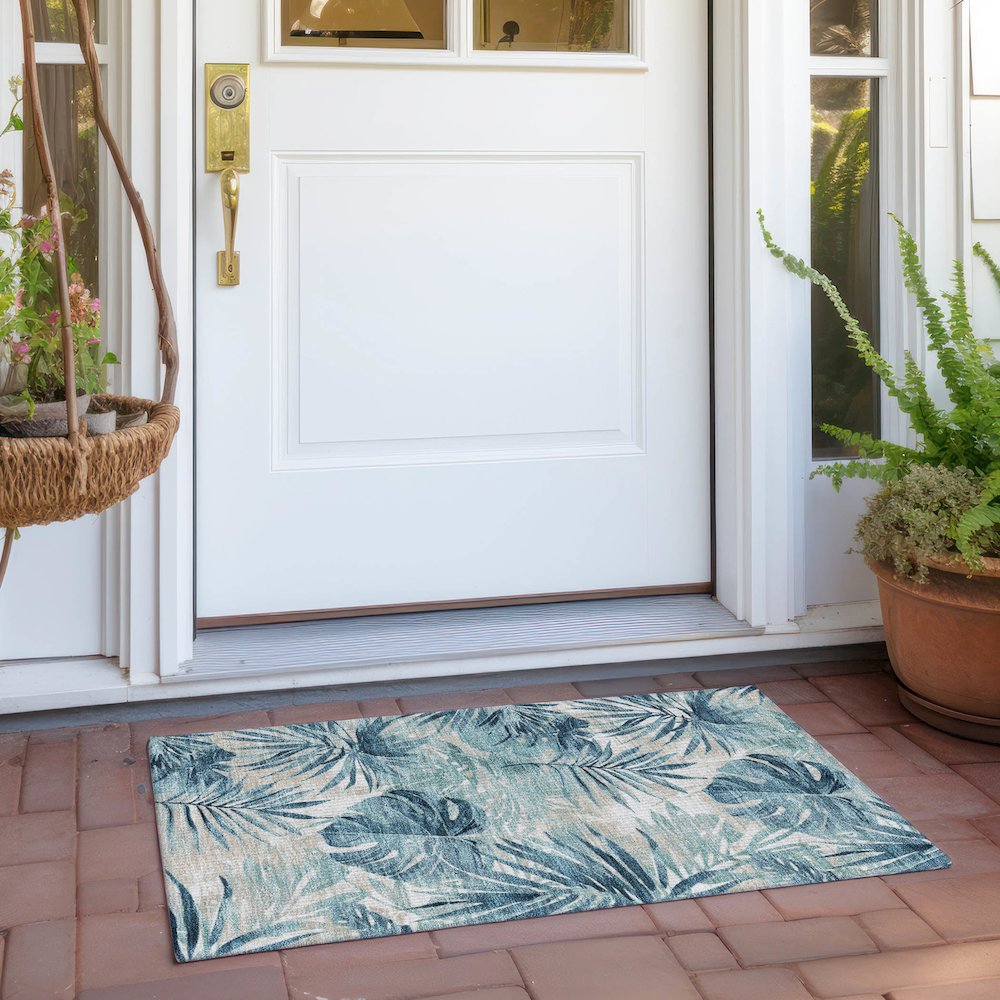 Machine Washable Indoor/Outdoor Chantille Teal 1'8" x 2'6" Rug. Picture 6