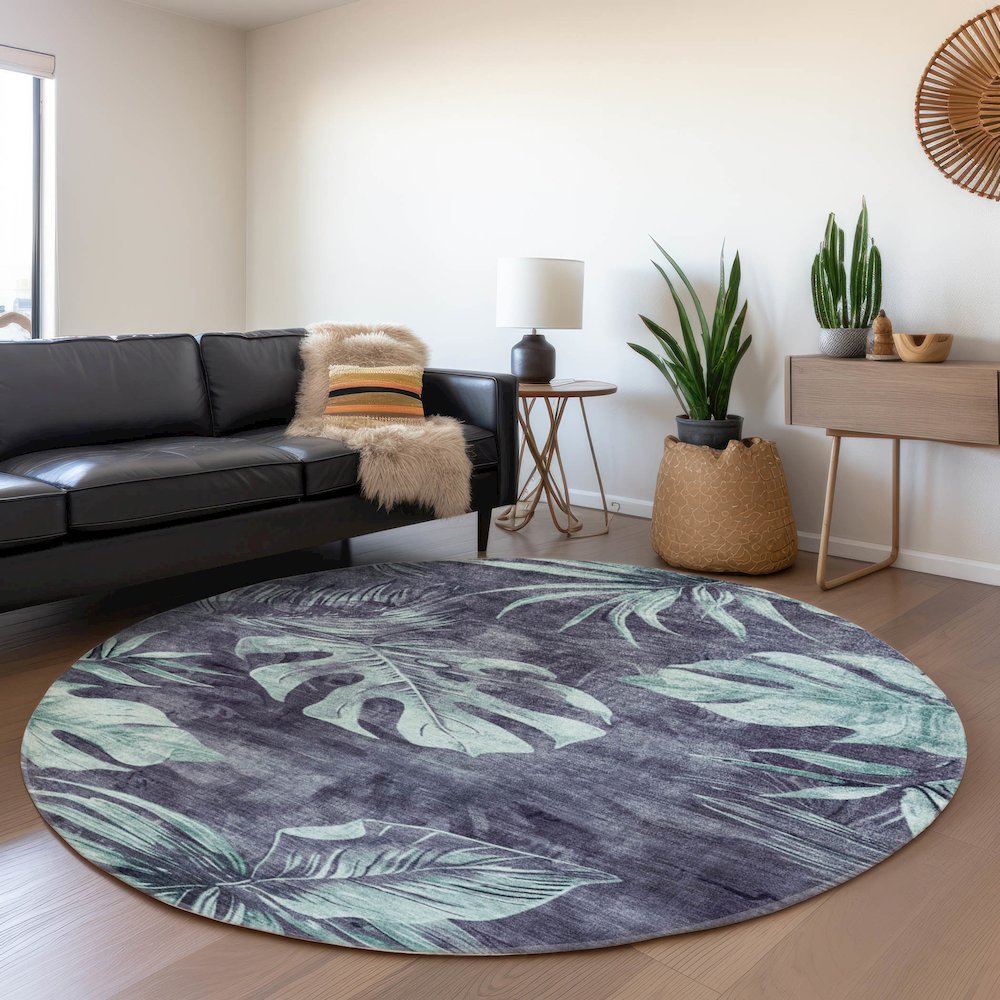 Machine Washable Indoor/Outdoor Chantille Blue 8' x 8' Round Rug. Picture 5