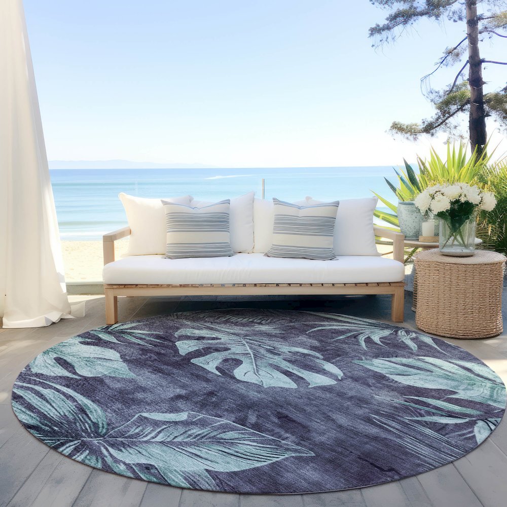 Machine Washable Indoor/Outdoor Chantille Blue 8' x 8' Round Rug. Picture 6
