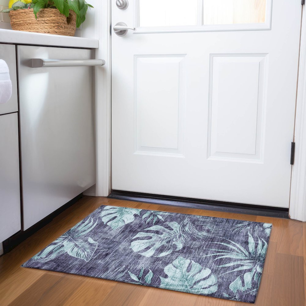 Machine Washable Indoor/Outdoor Chantille Blue 1'8" x 2'6" Rug. Picture 5