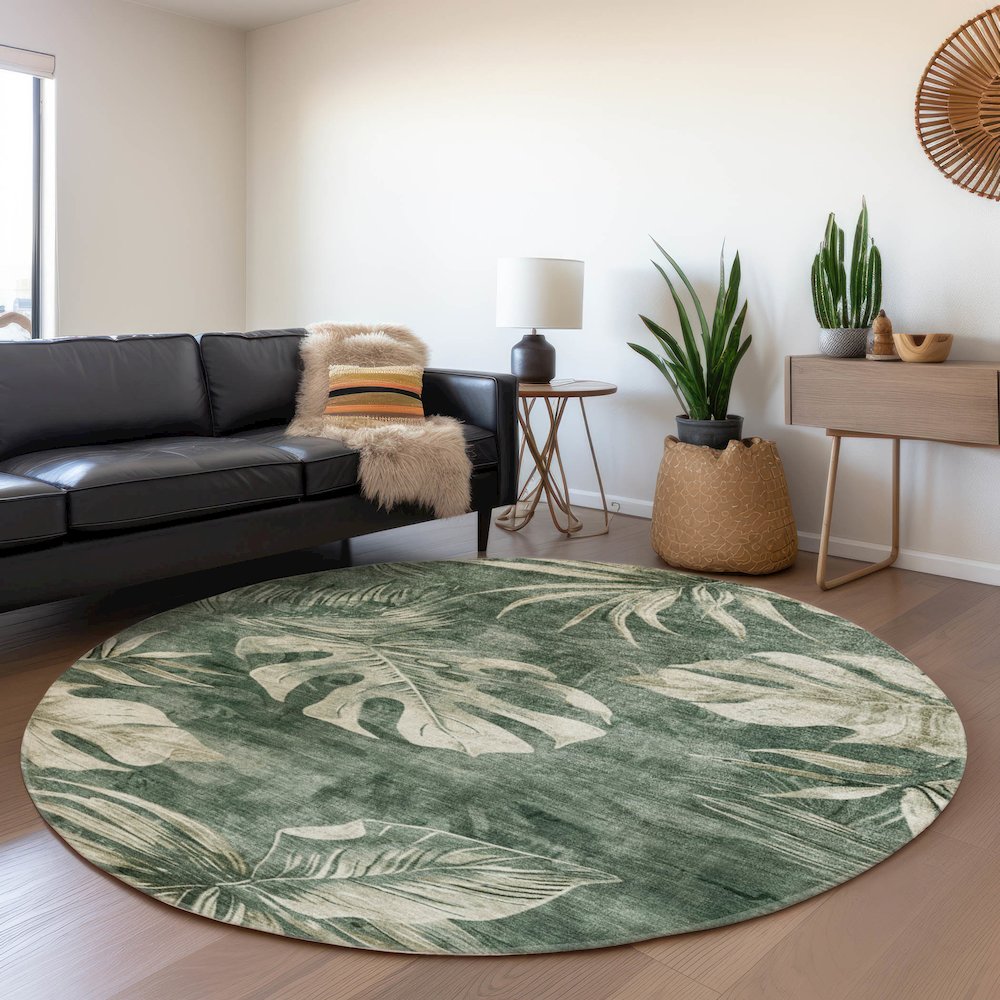 Machine Washable Indoor/Outdoor Chantille Fern 8' x 8' Round Rug. Picture 5