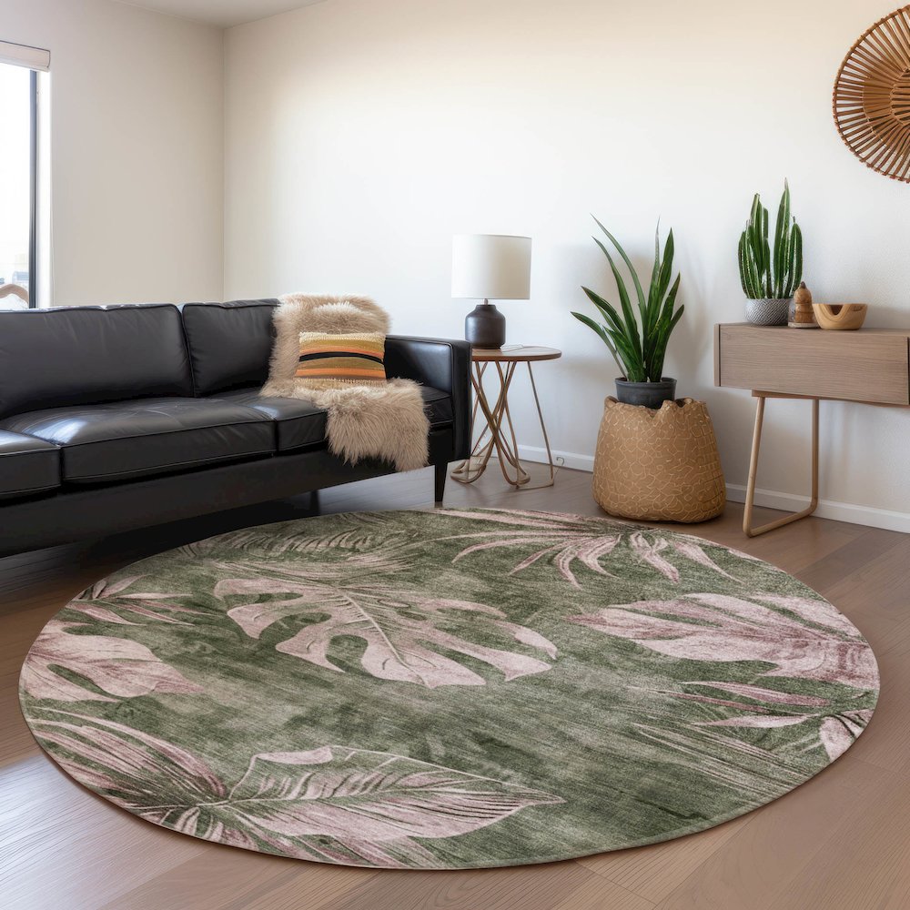 Machine Washable Indoor/Outdoor Chantille Olive 8' x 8' Round Rug. Picture 5