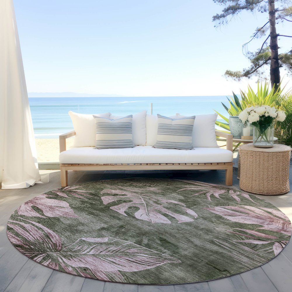 Machine Washable Indoor/Outdoor Chantille Olive 8' x 8' Round Rug. Picture 6