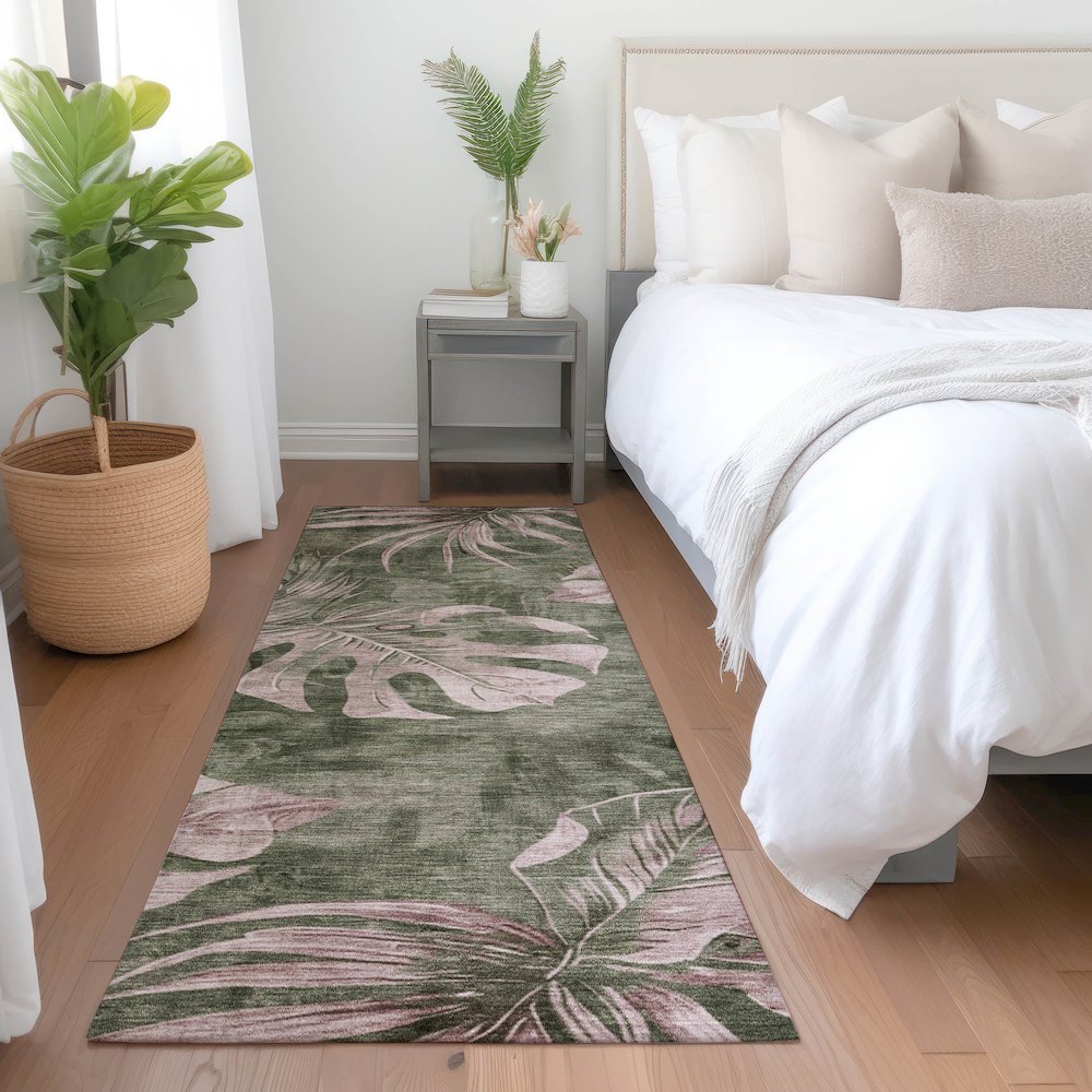 Machine Washable Indoor/Outdoor Chantille Olive 2'3" x 7'6" Runner Rug. Picture 5
