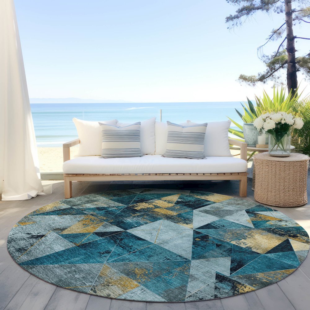 Machine Washable Indoor/Outdoor Chantille Teal 8' x 8' Round Rug. Picture 6
