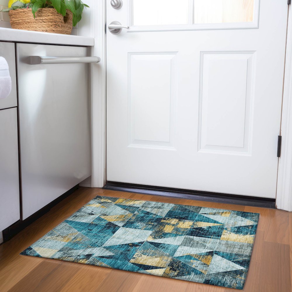 Machine Washable Indoor/Outdoor Chantille Teal 1'8" x 2'6" Rug. Picture 5