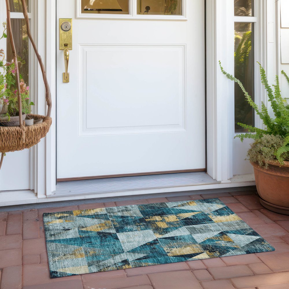 Machine Washable Indoor/Outdoor Chantille Teal 1'8" x 2'6" Rug. Picture 6