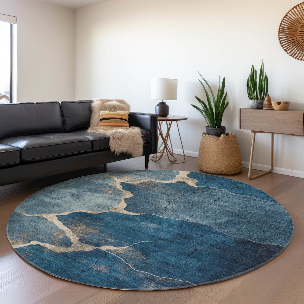 Machine Washable Indoor/Outdoor Chantille Navy 8' x 8' Round Rug. Picture 5