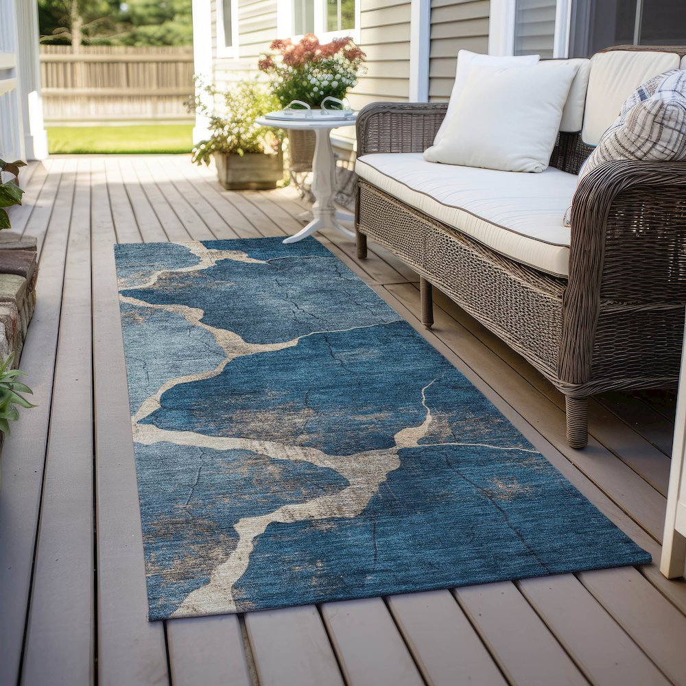 Machine Washable Indoor/Outdoor Chantille Navy 2'3" x 7'6" Runner Rug. Picture 6