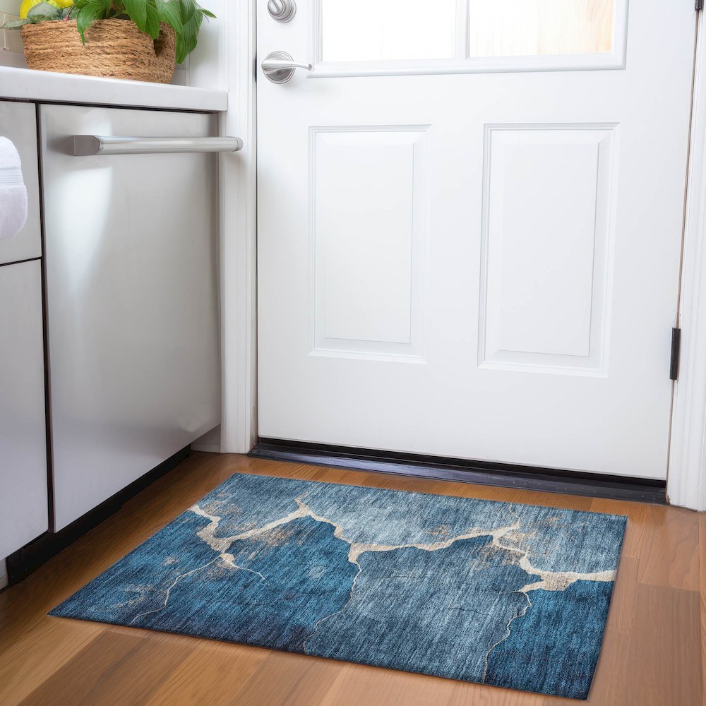 Machine Washable Indoor/Outdoor Chantille Navy 1'8" x 2'6" Rug. Picture 5